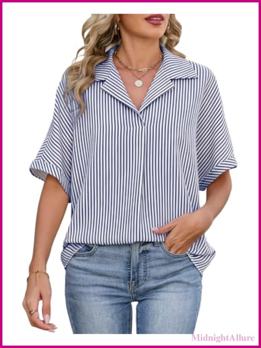 Women's Loose Fit Short Sleeve Collared Shirt Wrinkle Resistant Striped